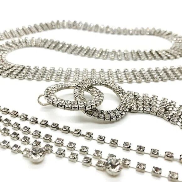 Silver Rhinestone Dazzling Waist Chain Double O Ring Belt NEW - Picture 3 of 4
